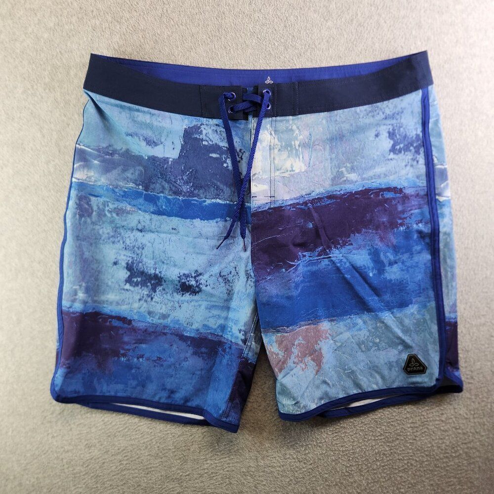 Prana Board Shorts Mens 40 Blue Printed High Seas Beach Lake Paddleboard New